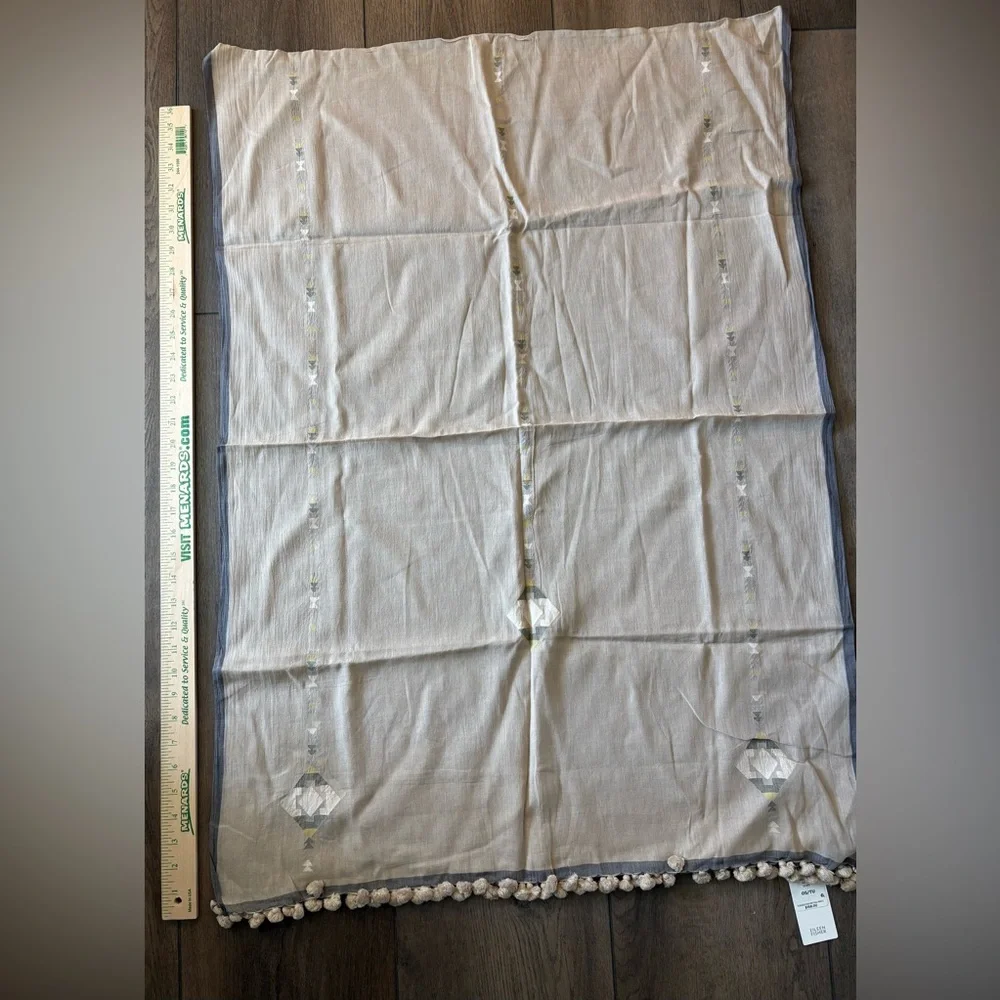 Eileen Fisher NWT Beige and Gray Cotton Scarf with Embroidered Accents - Picture 8 of 9